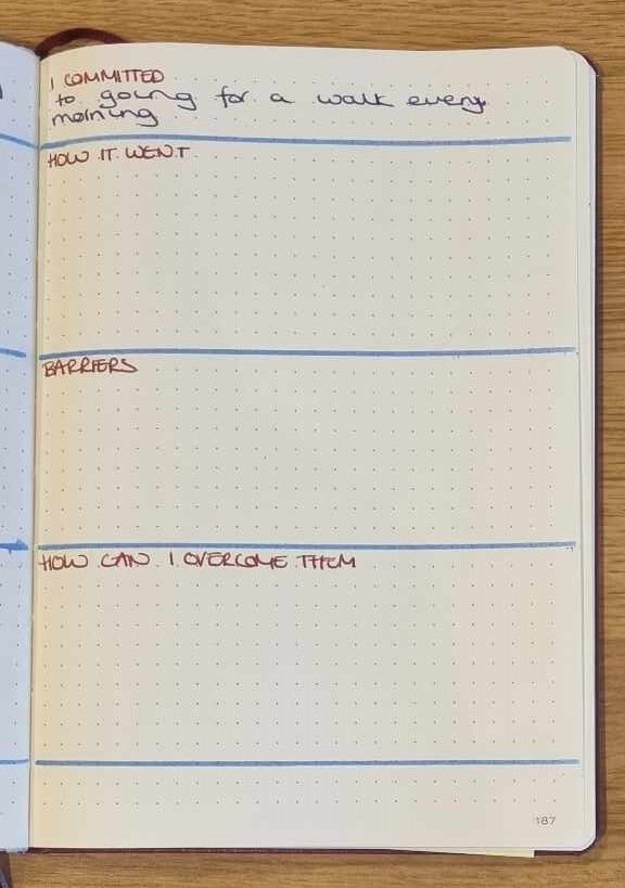 a page of a journal showing five sections for use with journal prompts to review self experiments. The prompts are - What I committed to, How it went, What barriers did I have, how can I overcome them and My revised commitment