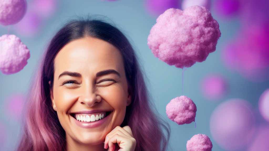 a girl smiling at the camera with pink fluffy clouds around her depicting an experimental mindset
